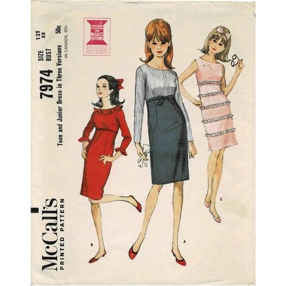 Vintage 1960s McCalls 7974 Sewing Pattern Womens Sz XXS 11 Empire Waist Dress - Picture 1 of 3